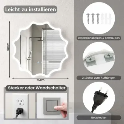 Koupelnové zrcadlo s vyhříváním proti zamlžování design LED zrcadlo nástěnné zrcadlo 60 x 60 cm