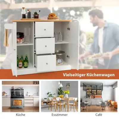 Kuchyňská skříňka dřevěný kuchyňský ostrůvek s 5 skrytými kolečky kuchyňský vozík s pracovní deskou 127 x 46 x 91,5 cm bílá