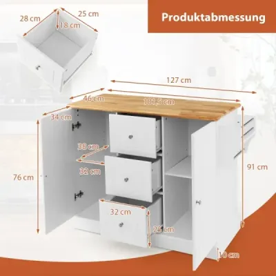Kuchyňská skříňka dřevěný kuchyňský ostrůvek s 5 skrytými kolečky kuchyňský vozík s pracovní deskou 127 x 46 x 91,5 cm bílá