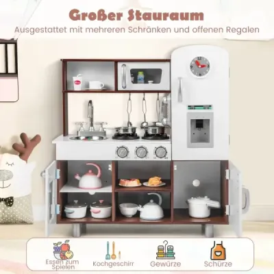 Dřevěná dětská kuchyňka se světlem a zvukem a sporákem a mikrovlnnou troubou a troubou a nářadím na hraní