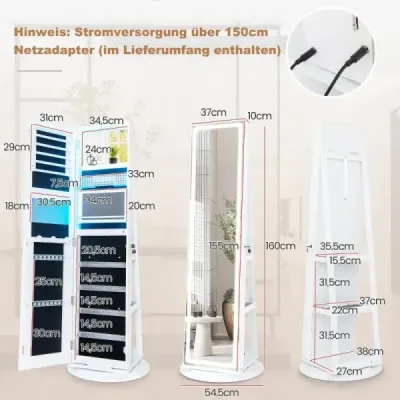 Skříňka na šperky se zrcadlem Skříňka na šperky s nastavitelným LED osvětlením 54,5 x 54,5 x 160 cm bílá