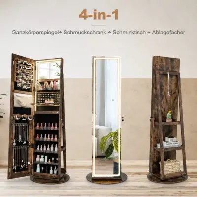 Skříňka na šperky se zrcadlem Skříňka na šperky se zrcadlem s nastavitelným LED osvětlením 54,5 x 54,5 x 160 cm Vintage