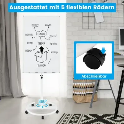 Flipchartový stojan na kolečkách s magnety a fixy Výškově nastavitelná bílá tabule bílá