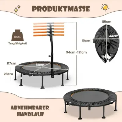?117cm skládací mini trampolína s nastavitelnou výškou rukojeti Dětská trampolína Orange