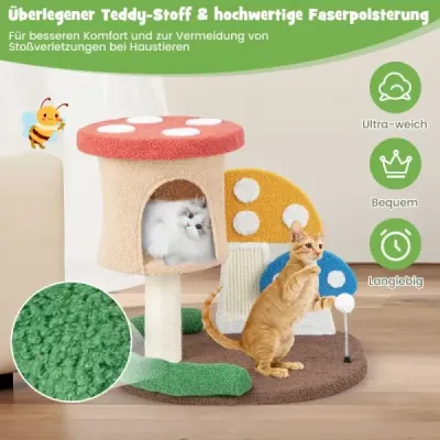 Strom pro kočky ve vzhledu hřibů Strom pro kočky s kočičí jeskyní a sisalovou škrábací deskou a velkou základnou a míčem na hraní 60 x 49 x 59 cm