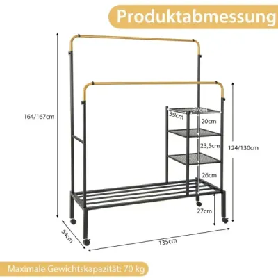 Stojan na oblečení se 2 kolejničkami na oblečení Stojan na oblečení na kolečkách Výškově nastavitelný stojan na oblečení 135 x 54 x 170 cm Zlatý