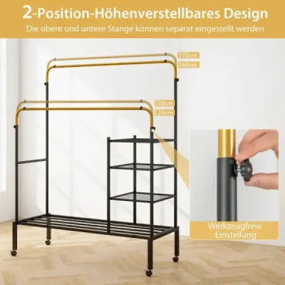 Stojan na oblečení se 2 kolejničkami na oblečení Stojan na oblečení na kolečkách Výškově nastavitelný stojan na oblečení 135 x 54 x 170 cm Zlatý