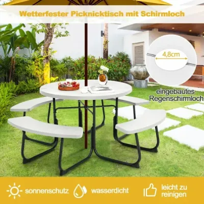 Sedací souprava pro 8 osob piknikový stůl s otvorem na deštník a 4 lavicemi 190 x 76 cm bílá