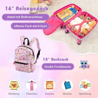 5-dílná dětská zavazadlová souprava 16-palcový kufr na kolečkách s batohem a polštářem na krk a přívěskem na zavazadla a obědárem - světle růžová
