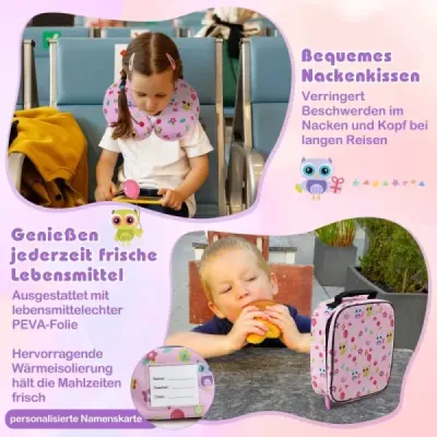 5-dílná dětská zavazadlová souprava 16-palcový kufr na kolečkách s batohem a polštářem na krk a přívěskem na zavazadla a obědárem - světle růžová