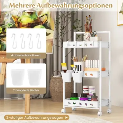 3-úrovňový vozík Servírovací vozík s kolečky Kuchyňský vozík se 2 závěsnými skleničkami 42 x 29 x 83 cm bílý
