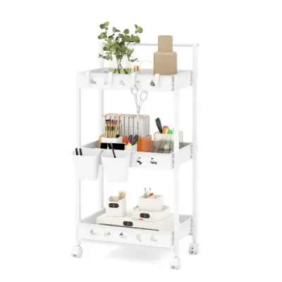 3-úrovňový vozík Servírovací vozík s kolečky Kuchyňský vozík se 2 závěsnými skleničkami 42 x 29 x 83 cm bílý