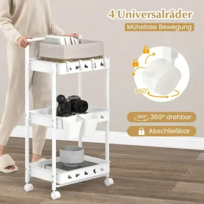 3-úrovňový vozík Servírovací vozík s kolečky Kuchyňský vozík se 2 závěsnými skleničkami 42 x 29 x 83 cm bílý