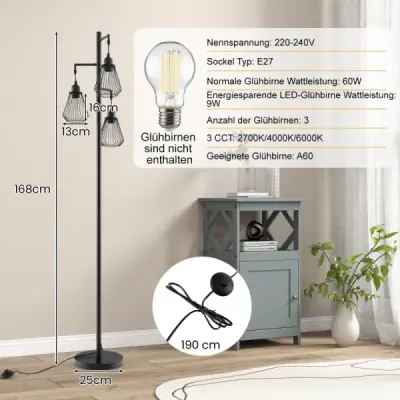 Moderní stojací lampa 169 cm průmyslová stojací lampa se 3 stínítky 25 x 168 cm černá