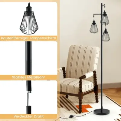 Moderní stojací lampa 169 cm průmyslová stojací lampa se 3 stínítky 25 x 168 cm černá