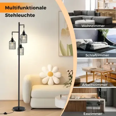 Moderní stojací lampa 169 cm průmyslová stojací lampa se 3 stínítky nožní spínač 25 x 169 cm černá