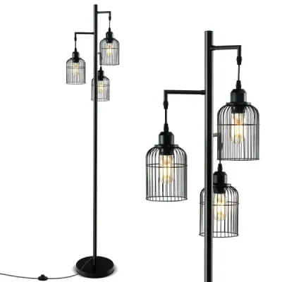 Moderní stojací lampa 169 cm průmyslová stojací lampa se 3 stínítky nožní spínač 25 x 169 cm černá