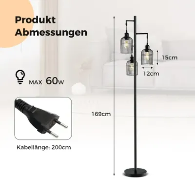 Moderní stojací lampa 169 cm průmyslová stojací lampa se 3 stínítky nožní spínač 25 x 169 cm černá