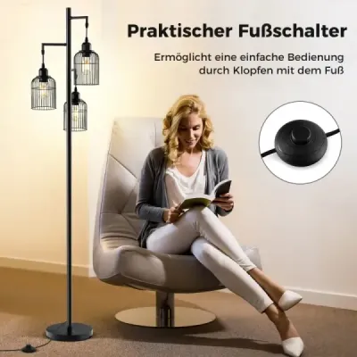 Moderní stojací lampa 169 cm průmyslová stojací lampa se 3 stínítky nožní spínač 25 x 169 cm černá