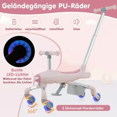 Kočárek 2 v 1 pro děti Kočárek s motivem letadla s kolečky s LED osvětlením Růžová