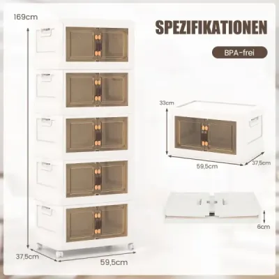 Skládací úložný box s víkem 316 l boxy úložná sada 5 plastových boxů stohovatelných 169 x 59,9 x 37,5 cm bílá