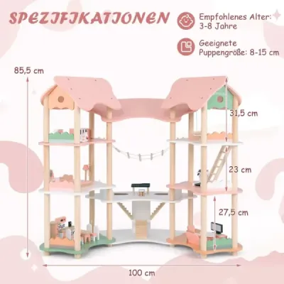 Dětský dřevěný domeček pro panenky s 32 realistickými nábytkovými doplňky a střechami Dům snů pro kutily