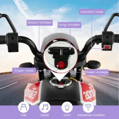 12V dětská elektrická motorka s tréninkovými koly Aprilia Licencovaná elektrická motorka černá
