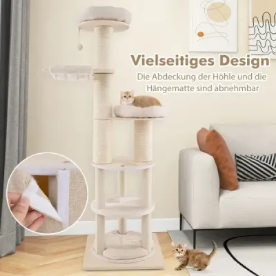 Cat tree velký kočičí strom s 2-patrovým sudem na škrábání 2 houpací sítě přírodní 58 x 58 x 187 cm