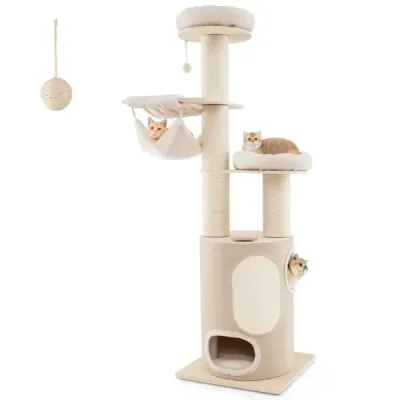 Cat tree velký kočičí strom s 2-patrovým sudem na škrábání 2 houpací sítě přírodní 58 x 58 x 187 cm