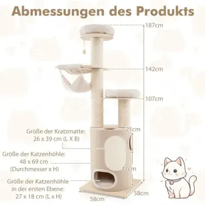 Cat tree velký kočičí strom s 2-patrovým sudem na škrábání 2 houpací sítě přírodní 58 x 58 x 187 cm