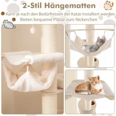 Cat tree velký kočičí strom s 2-patrovým sudem na škrábání 2 houpací sítě přírodní 58 x 58 x 187 cm