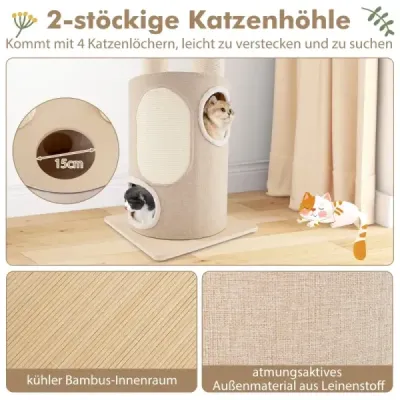 Cat tree velký kočičí strom s 2-patrovým sudem na škrábání 2 houpací sítě přírodní 58 x 58 x 187 cm