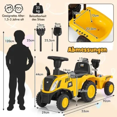Dětský pojízdný traktor s odnímatelným přívěsem a lopatovým chůdkou Licencovaný vůz Caterpillar