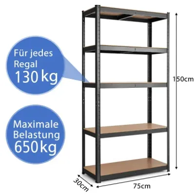 Úložný regál 5 úrovní s kovovým rámem, kovový regál, nosnost do 650 kg, 75 x 30 x 150 cm, černá