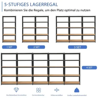 Úložný regál 5 úrovní s kovovým rámem, kovový regál, nosnost do 650 kg, 75 x 30 x 150 cm, černá
