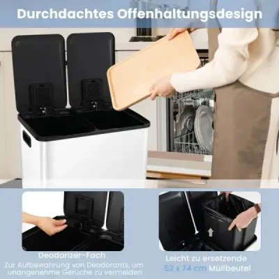 Odpadkový koš 2 přihrádky 2 x 30L odpadkový koš kuchyňský pedálový odpadkový koš s měkkým zavíracím víkem bílá