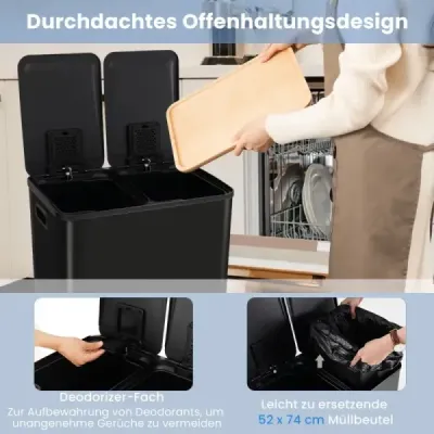 Odpadkový koš 2 přihrádky 2 x 30L odpadkový koš kuchyňský pedálový odpadkový koš s měkkým zavíracím víkem černý