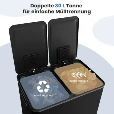 Odpadkový koš 2 přihrádky 2 x 30L odpadkový koš kuchyňský pedálový odpadkový koš s měkkým zavíracím víkem černý