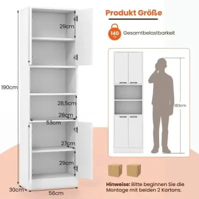 190 cm vysoká kuchyňská skříňka s dvířky a policemi vysoká skříňka 56 x 30 x 190 cm bílá