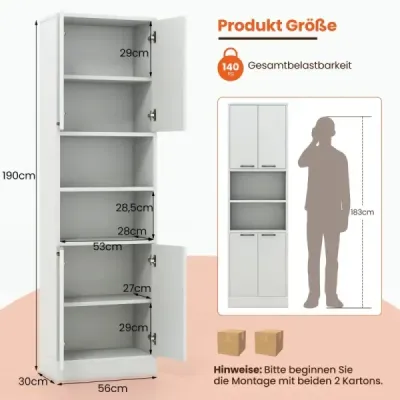 190 cm vysoká kuchyňská skříňka s dvířky a policemi příborník vysoká skříňka 56 x 30 x 190 cm světle šedá