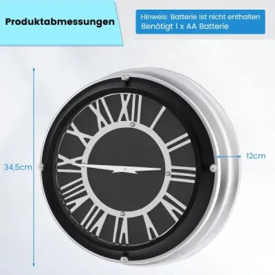 Ø 34,5 cm Tiché nástěnné hodiny se stříbrným rámem a římským číslem bez tikajících zvuků - Ø 34,5 cm