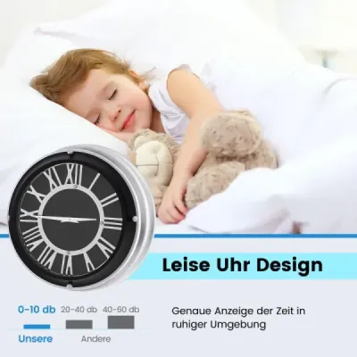 Ø 34,5 cm Tiché nástěnné hodiny se stříbrným rámem a římským číslem bez tikajících zvuků - Ø 34,5 cm