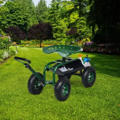 Rollsitz mit Rollen & Ausziehbarem Griff & Korb 360° Drehbare Gartenwagen Gartensitz 96,5 x 48,5 x 45,5-54,5 cm