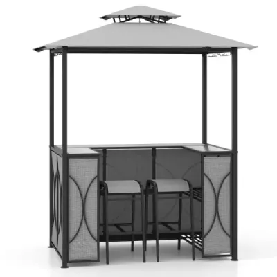 Bartisch mit 2 Barhocker Gartenbar Set mit Metallregalen & Glashalter Grillpavillon mit Doppeldach Grau