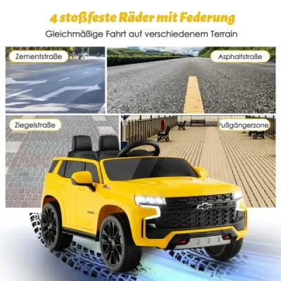 Dětské elektrické autíčko Chevrolet s 2,4G dálkovým ovládáním, odpružením, světly a hudbou, žluté