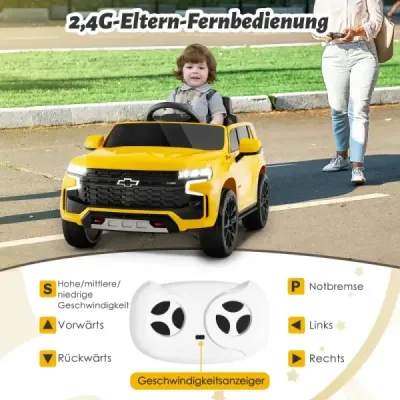 Dětské elektrické autíčko Chevrolet s 2,4G dálkovým ovládáním, odpružením, světly a hudbou, žluté