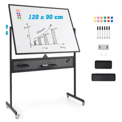 Oboustranná mobilní bílá tabule 120 x 90 cm s děrovanou deskou, kolečky a stojanem, černá