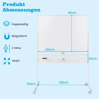 120 x 90 cm Oboustranná mobilní bílá tabule s děrovanou deskou, kolečky a stojanem, bílá