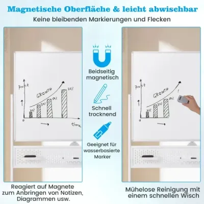 120 x 90 cm Oboustranná mobilní bílá tabule s děrovanou deskou, kolečky a stojanem, bílá
