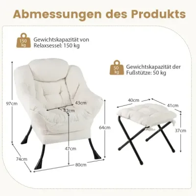 Sessel mit Armlehnen & Seitentasche & Fußstütze & Hocker Relaxsessel Loungesessel Fernsehsessel Beige